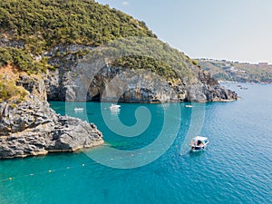 Coastline of Calabria, coves and promontories overlooking the sea. Italy. Aerial view, San Nicola Arcella