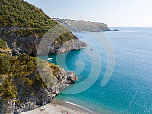 Coastline of Calabria, coves and promontories overlooking the sea. Italy. Aerial view, San Nicola Arcella