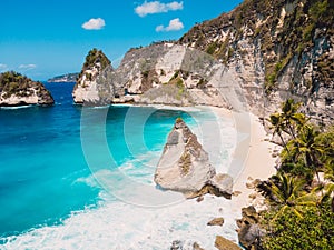 Coastline, cliffs and blue ocean in Nusa Penida island.