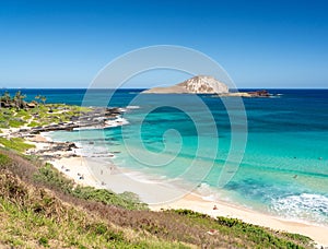 Coastline of East Oahu over Makapuu Beach with Rabbit island