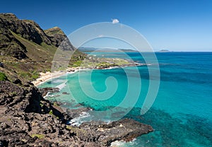 Coastline of East Oahu over Makapuu Beach toward Makai research pier