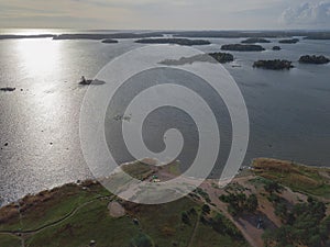 The coastline of the Gulf of Finland and an island in the sea Helsinki, Vuosaari .. Sunny autumn day. Nature and