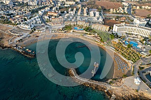 Coastline of holiday resort of Pernera, Protaras Cyprus. Drone aerial scenery