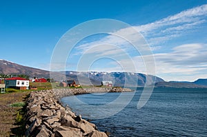 Coastline of island of Hrisey in Iceland