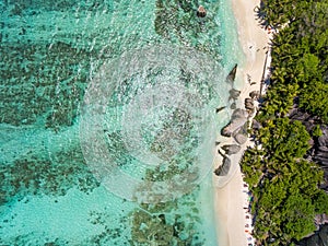 Coastline of La Digue Island, Seychelles aerial overhead view