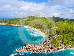 Coastline of La Digue Island, Seychelles aerial view