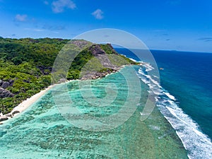 Coastline of La Digue Island, Seychelles aerial view