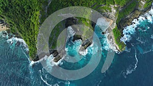 Coastline landscape with rocks and blue ocean. Aerial view