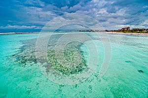 Coastline in Mahahual with turquoise water, Mexico, Yucatan, Quintana Roo