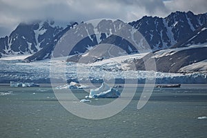 The coastline and mountains of Liefdefjord in the Svalbard Islands Spitzbergen in the high Arctic