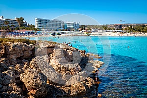 Coastline at Nissi Beach, view from a rocky islet. Ayia Napa, Famagusta District, Cyprus