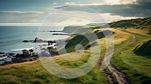 Coastline Photograph Of Green Hill Near The Sea In Denmark