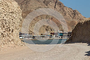 The coastline of the Red Sea and the mountains in the background. Egypt, the Sinai Peninsula. Coral reef Blue Hole