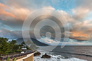 Coastline road with Mt. Kaimon in sunset, Kagoshima, Japan