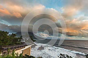 Coastline road with Mt. Kaimon in sunset, Kagoshima, Japan