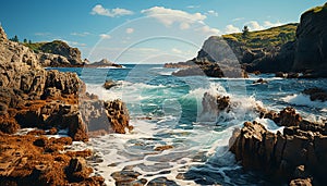 Coastline rock, wave crashes, sunset paints tranquil waters generated by AI