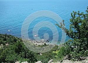 Coastline of sea with hills and trees. Black sea. Crimea