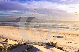 Coastline with Table Mountain and Cape Town city at sunrise, Cape Town, South Africa