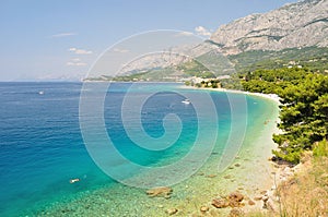 Coastline at Tucepi with Biokovo mountain and adriatic sea