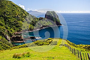 Coastline view from Coromandel Coastal Walkway with blue sky above at Coromandel Peninsula, Northland, New Zealand