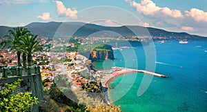 Coastline with view of gulf and Sorrento town. Amalfi coast, Campania, Italy