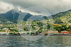 Coastline view with lots of living houses on the hill, Kingstown, Saint Vincent and the Grenadines photo