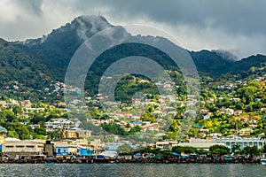 Coastline view with lots of living houses on the hill, Kingstown, Saint Vincent and the Grenadines photo