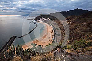 Coastline view of Playa de Las Teresitas beach and San Andres town of Tenerife, Spain