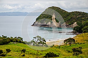 Coastline view from Te Whara Track with blue sky above in Whangarei Heads, Northland, New Zealand