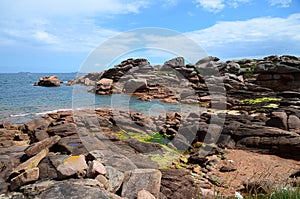 Coastline with well known pink rocks, Pink Granite Coast in Brittany
