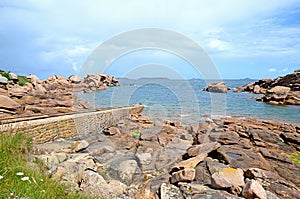 Coastline with well known pink rocks, Pink Granite Coast or Cote de Granite Rose in Brittany, France