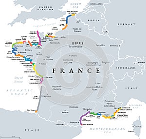 Coasts of beaches France, popular names of stretches, political map