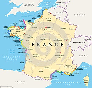 The coasts of France, most important coasts and beaches, political map