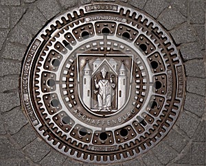 Coat of Arms of Aschaffenburg on the manhole cover, Germany