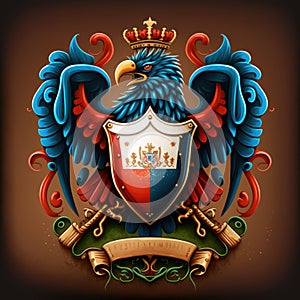 A coat of arms with a blue and red heraldic eagle in crown with a blue white and red shield on it. A brown background. Created