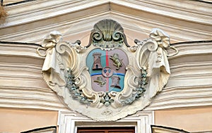 Coat of arms of Castile and Leon on facade of Santissima Trinita degli Spagnoli Church in Rome, Italy
