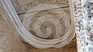 Coat of arms of the Catholic monarchs at Nasrid palace of the Alhambra in Granada, Andalusia