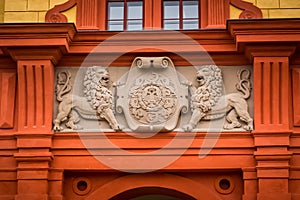 The coat of arms on the entrance to the Basilica of St. Procopius complex