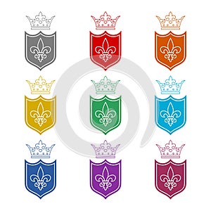 Coat of arms with fleur de lis heraldic symbol icon isolated on white background. Set icons colorful