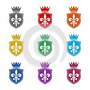 Coat of arms with fleur de lis heraldic symbol icon isolated on white background. Set icons colorful