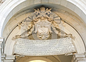 The coat of arms and the inscription on the table on Fontanone dell'Acqua Paola Rome Italy