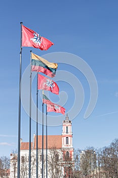 Coat of arms of Lithuania and flags placed in a row. Knight on horse with sword on red background. Blue sky with clouds