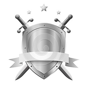 Coat of arms metal shield with two crossed knight swords and stars above isolated on white