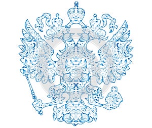 Coat of arms of Russia with blue pattern in traditional folk style Gzhel.