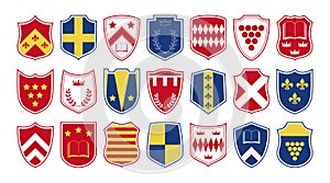 Coat of arms shields set in different shapes and design. Blazon shield collections with fleur de lis, book,laurel wreath and crown photo