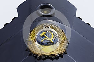 Coat of arms of the Soviet Union on the bow of the ship