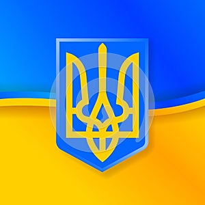 Coat of arms of ukraine against the background of a yellow-blue flag
