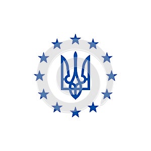Coat Of Arms Of Ukraine UA With Flag of European Union EU circle isolated on white background. Vector Icon Illustration