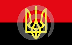 Coat of Arms of Ukrainian Nationalists (OUN-UPA) against the background of the red-and-white flag