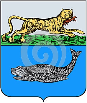 Coat of arms of the village of Ust-Kamchatsk. Kamchatka Krai. Russia